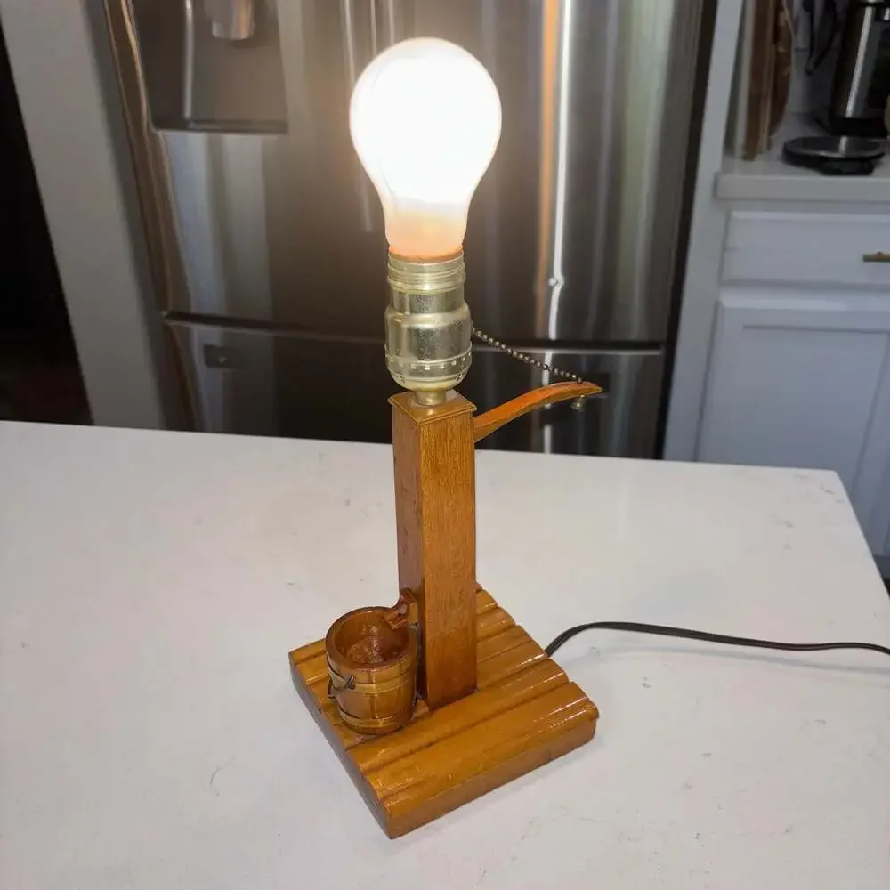 Vintage Handcrafted Wooden Water Pump Table Lamp with Miniature Bucket
